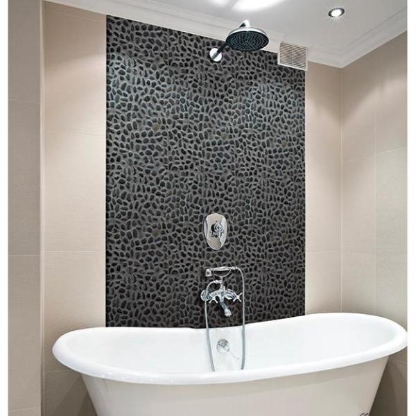 Black pebble tile backsplash