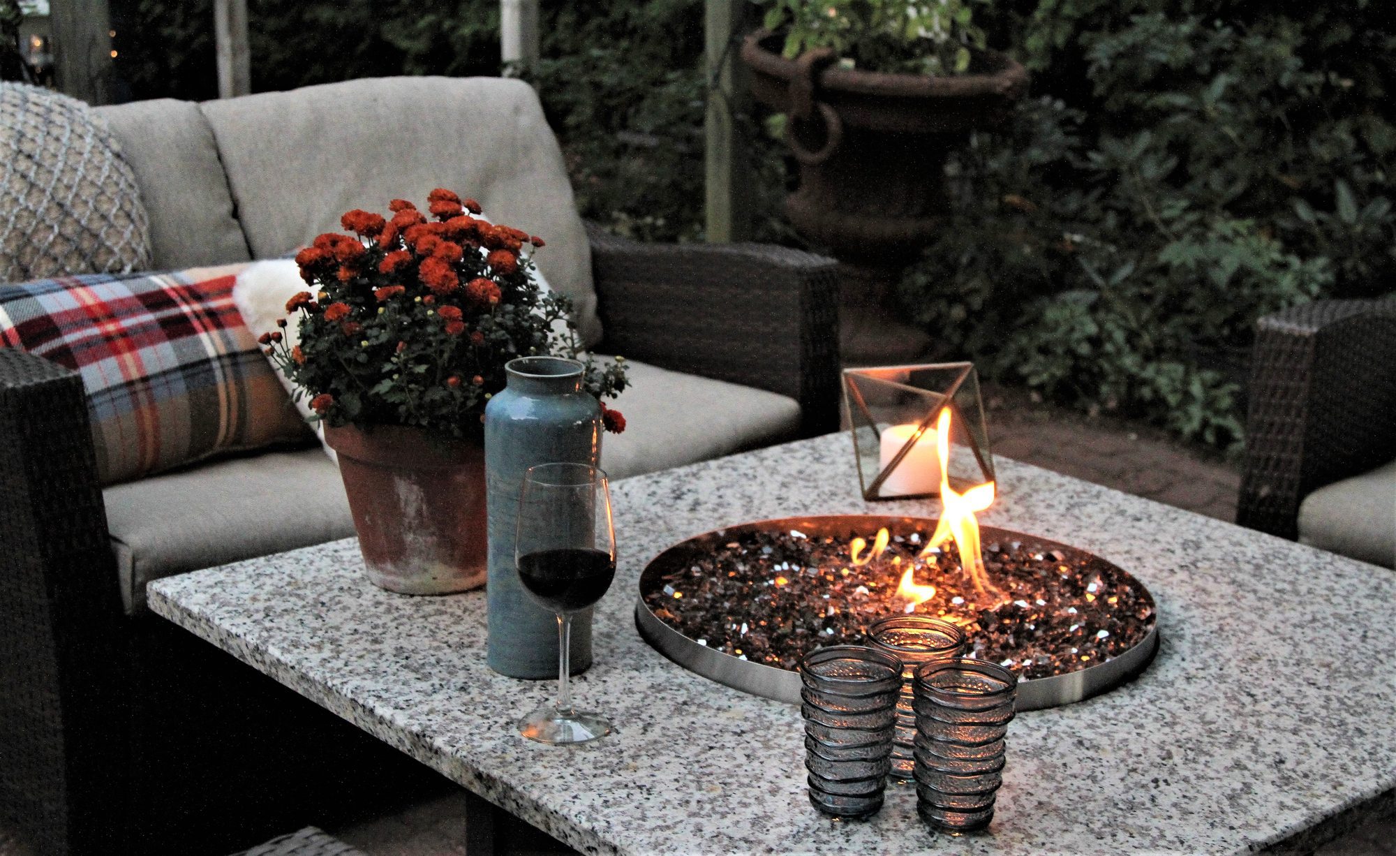 Burning Fire Pit with drinks